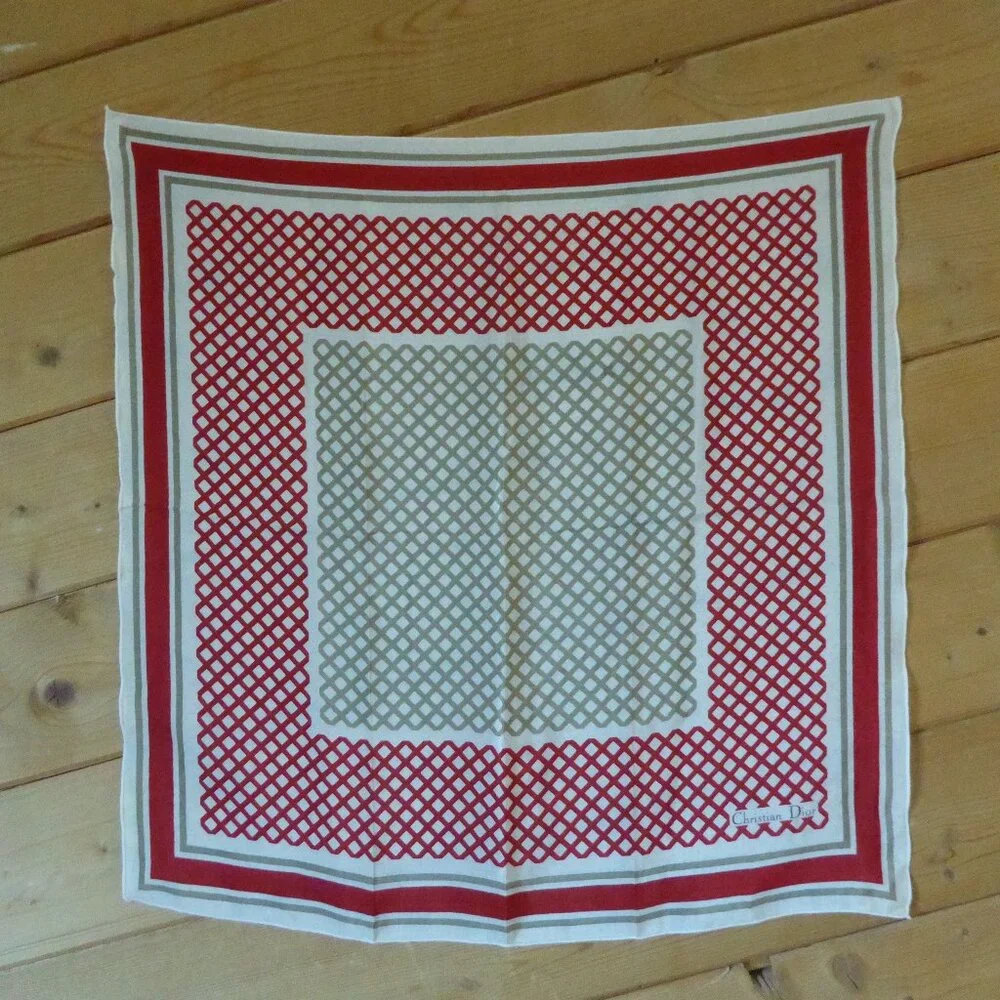 Christian Dior Red Beige Checked Square Silky Silk Scarf Wrap